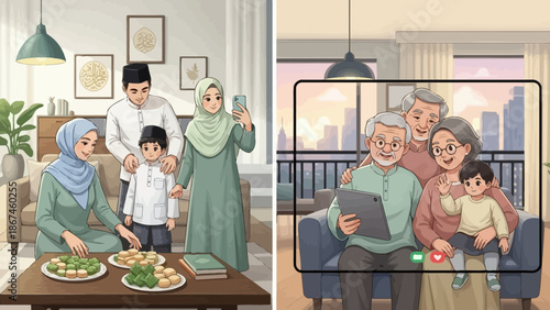 Muslim family celebrating festive moments both in-person and virtually, connecting across distances to share joy and tradition during a special occasion
