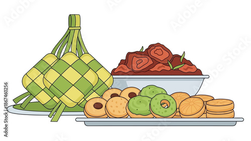 Traditional Malaysian Food and Desserts Ketupat, Cookies, and Savory Dishes for Celebration