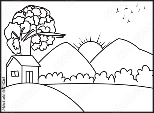 A line art image of a hut on a high hill with trees and some birds flying, suitable for coloring.