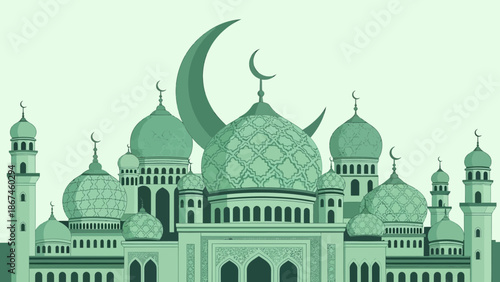 A serene illustration of a mosque with minarets and domes, featuring a prominent crescent moon behind it, symbolizing Islamic culture and faith