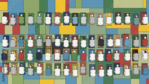 A bird's-eye view of a diverse congregation gathered for prayer, arranged in rows on colorful, geometric prayer mats