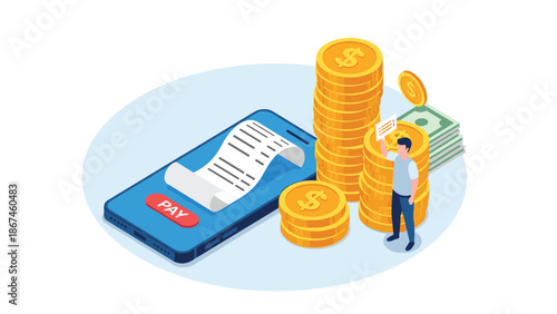 Isometric concept of online payment and digital invoicing, with a man using a mobile app to pay bills next to stacks of money.