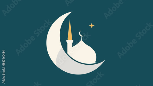 Islamic crescent moon and mosque dome with a star on a teal background