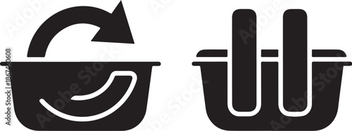 Black and white icons of recycling and trash bins symbols