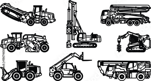 Collection of heavy construction vehicles and machinery in black and white illustrations  excavators  cranes  trucks