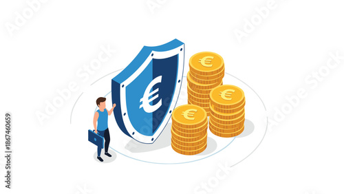 Isometric concept of financial protection and investment security in Europe, with a man, a shield with a euro symbol, and coins.