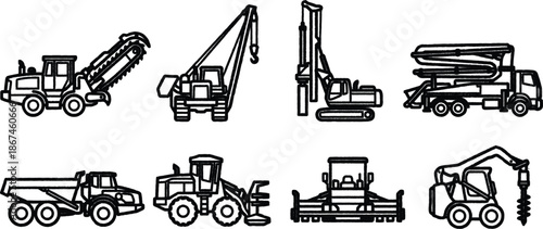 Collection of construction vehicles and equipment illustrations including excavators cranes dump trucks and tractors in simple line art style