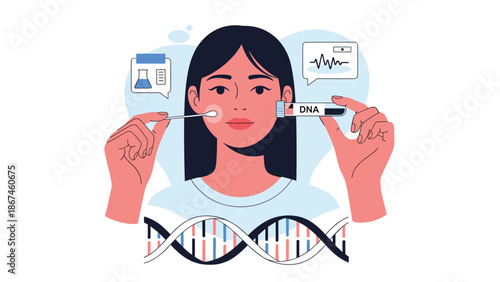 Woman taking a DNA sample from her cheek with a cotton swab for genetic testing, ancestry analysis, or medical research.