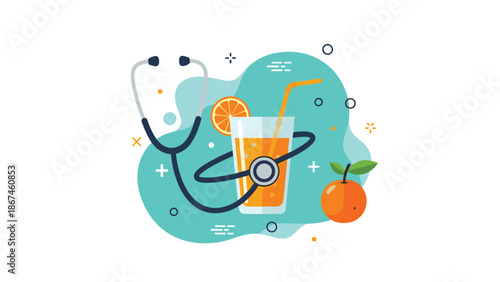 Health and nutrition concept with a stethoscope wrapped around a glass of fresh orange juice, promoting a healthy lifestyle.