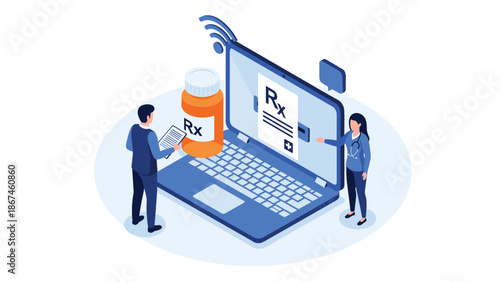 Telemedicine and online pharmacy concept with doctors, a digital prescription on a laptop, and medicine for virtual healthcare.