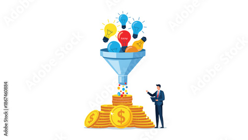 Businessman turning creative ideas into money, with lightbulbs entering a funnel and emerging as gold coins, a business concept.