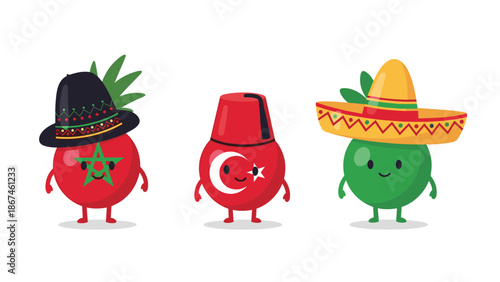 Cute cartoon food characters representing different countries, including Morocco, Turkey, and Mexico, with traditional hats.