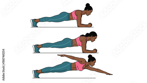 Athletic African American woman demonstrating the steps for a swimming plank exercise to improve core strength and stability.