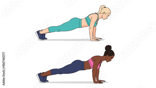 Two diverse athletic women in sportswear holding a high plank position, demonstrating a core exercise for fitness and strength.