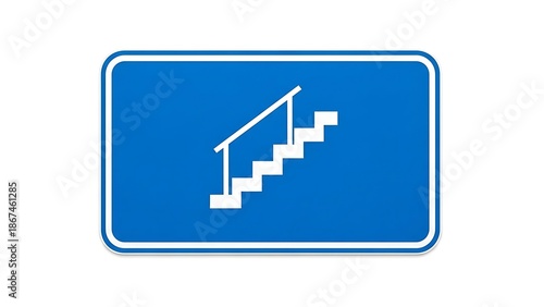 Stairway sign with white stairs and railing on blue background
