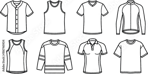 Collection of various white t shirts and tops with different sleeve lengths and necklines isolated on transparent background