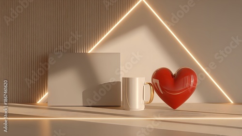 White coffee mug and red heart decoration joyfully arranged for Valentine's Day against a modern office backdrop with copy space