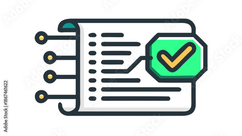A vector icon of a digital document or scroll with a circuit board pattern inside, topped with a bold checkmark to represent a verified and executed smart contract.