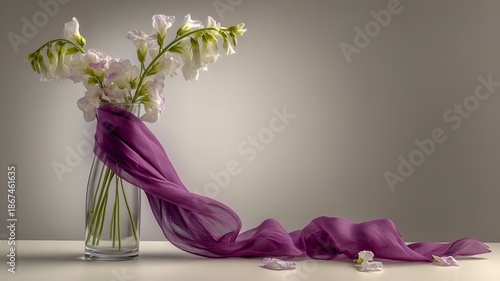 Delicate white flowers bouquet with intertwined purple ribbon elegantly arranged in glass vase against neutral background

