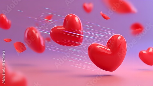 Flying red hearts with motion blur joyfully floating and soaring against a soft pink gradient background with copy space