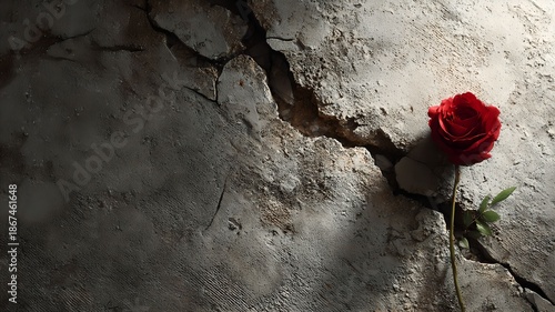 Single red rose growing from cracked concrete powerfully symbolizing resilient love against rough stone background with copy space words