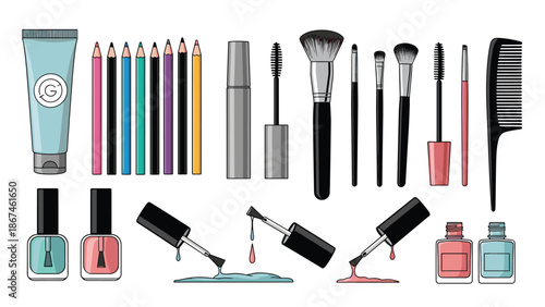 Large collection of various makeup and beauty products, including mascara, cosmetic brushes, eyeliner pencils, and nail polish.
