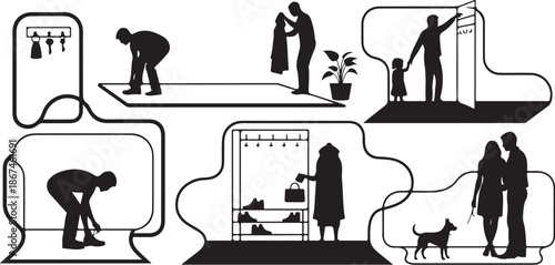 Silhouette illustrations of people and their daily activities at home