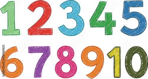 Hand drawn colorful numbers from one to ten with crayon texture for children education school learning and preschool mathematical counting concept.