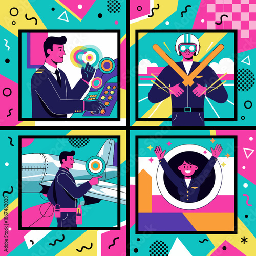 Airport Professions Pilot and Flight Attendant Travel Retro Vector.