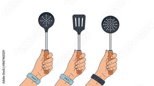 Set of three hands wearing fitness trackers, each holding a different kitchen utensil like a skimmer or a spatula for cooking.