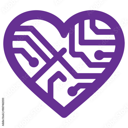Purple heartshaped icon with intricate circuit design symbolizing technology and emotion