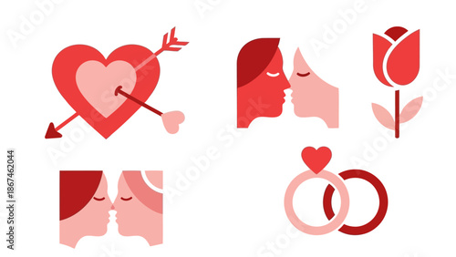 Valentine's Day icons show love symbols and couples in romantic settings.