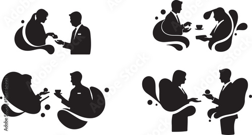 Business people in various meeting and discussion silhouettes on white