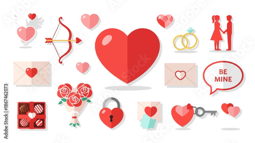 Valentine's Day icons with hearts, love symbols and gifts on white background 