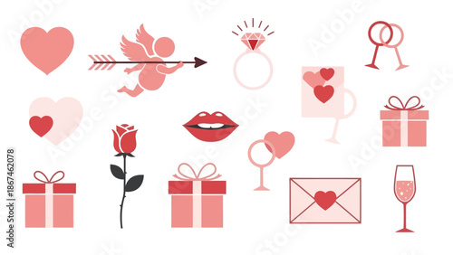 Valentine's Day icons depict love symbols and gifts in pink hues on white.