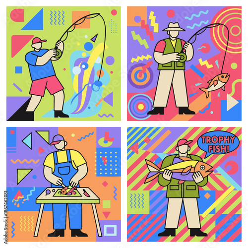 Retro Pop Art Illustration of Fisherman Catching Fish Outdoor Activity.