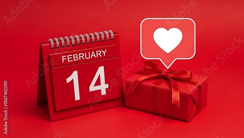 February 14 calendar with a red gift box and a heart icon symbolizing love and celebration