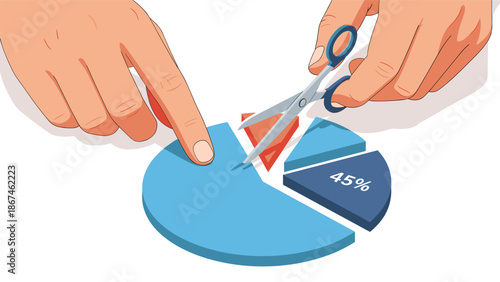 Hands using scissors to cut a slice from a pie chart, illustrating the concept of budget cuts, market share, or allocation.