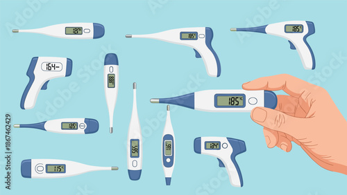 Collection of various digital medical thermometers, including oral and infrared non-contact types, for measuring body temperature.
