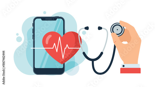 Mobile health and telemedicine concept with a doctor's hand holding a stethoscope to a heart EKG symbol on a smartphone screen.