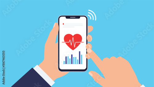 Vector illustration of hands holding a smartphone displaying a health monitoring app with a heart icon and vital signs chart.