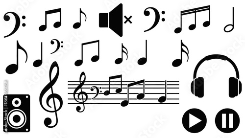 Extensive Collection of Music and Audio System Icons, Notes and Playback Controls, isolated white background