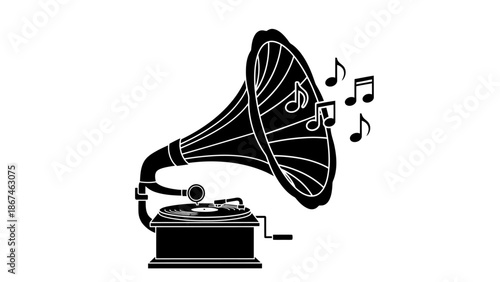 Vintage Gramophone with Musical Notes Flowing, Classic Music Device Silhouette, isolated white background