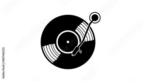 Black Vinyl Record with Turntable Arm, Retro Music Player Element on an Isolated White Background