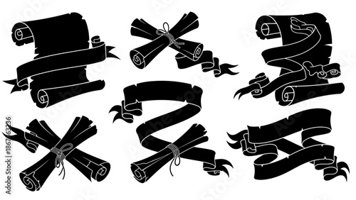 Assortment of Black Ribbon Banners and Vintage Rolled Paper Scrolls Elements on an Isolated White Background