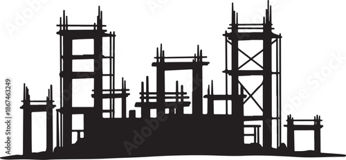 Construction site with scaffolding and building framework silhouette