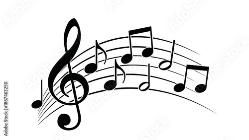 Black Musical Notes and Treble Clef on a Wavy Music Stave, Flowing Melody Illustration on an Isolated White Background