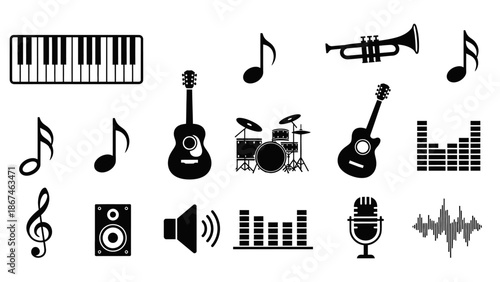 Comprehensive Set of Musical Instruments and Audio Equipment Icons on an Isolated White Background