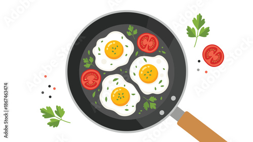 Top-down view of three sunny-side up fried eggs cooking in a frying pan with fresh tomatoes and parsley for breakfast.