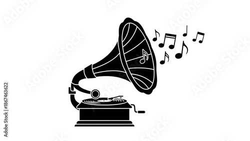 Vintage gramophone playing music with notes flowing from the horn on an isolated white background.